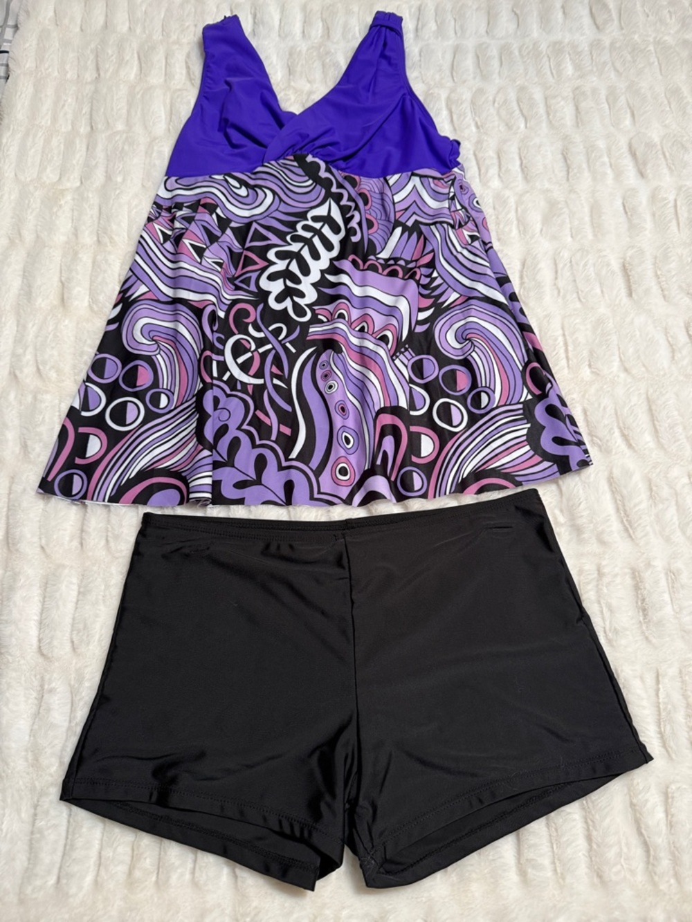 Purple Printed Tankini Top with Black Swim Shorts